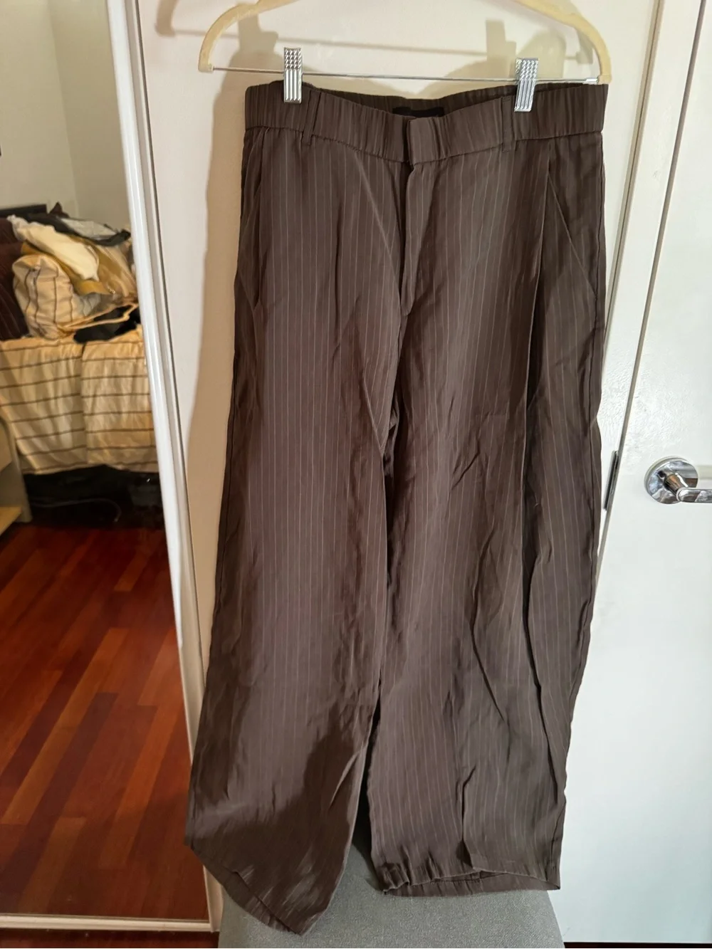 ZARA Pleated Flowy Pinstripe Pants in Brown NWOT - Picture 2 of 7